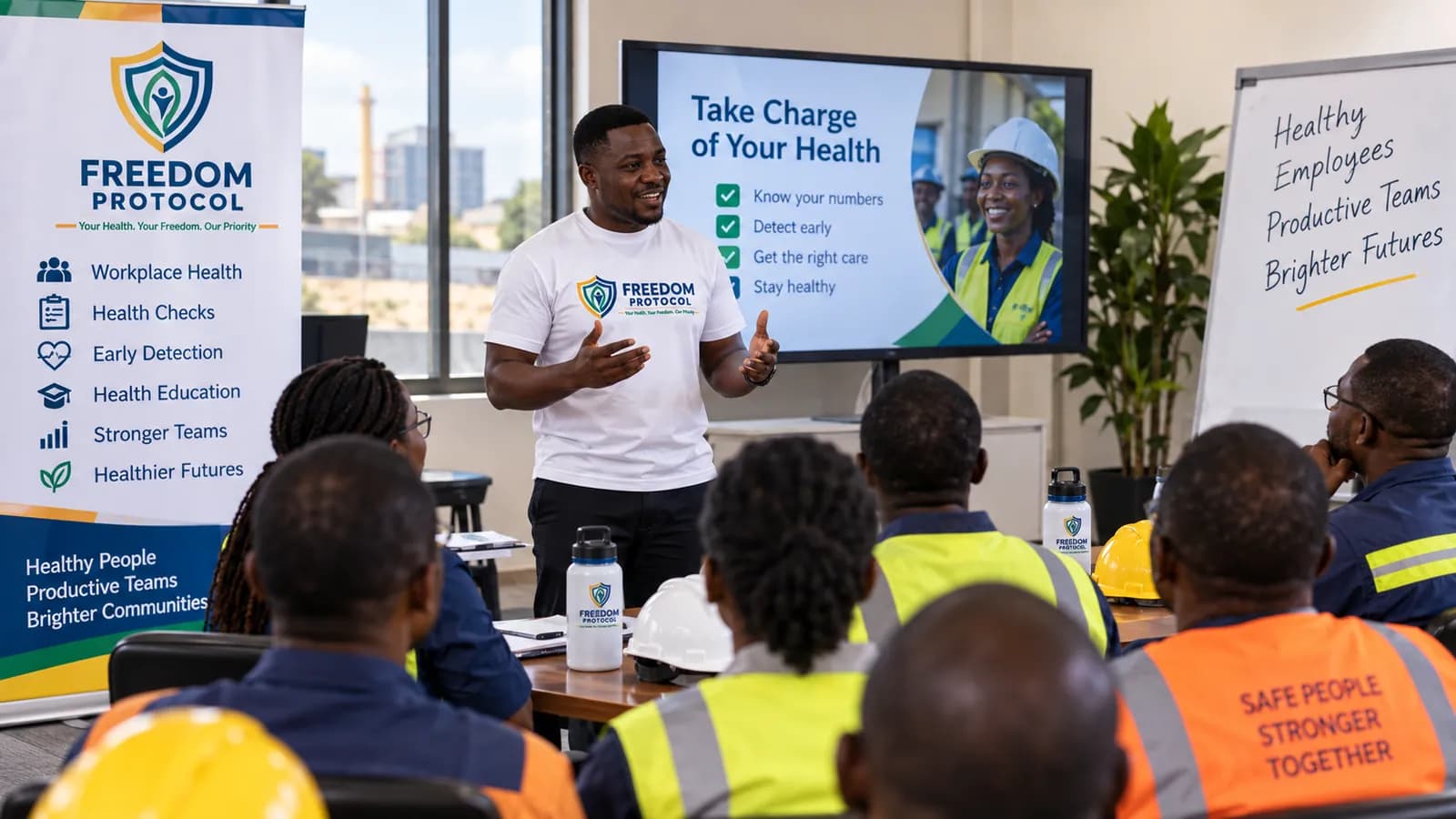 Freedom Protocol team running a workplace health workshop