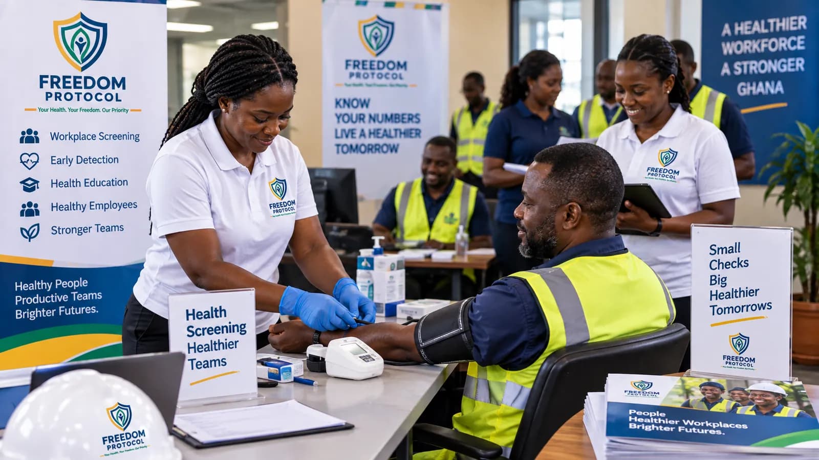 Clinicians screening workers at a workplace health check