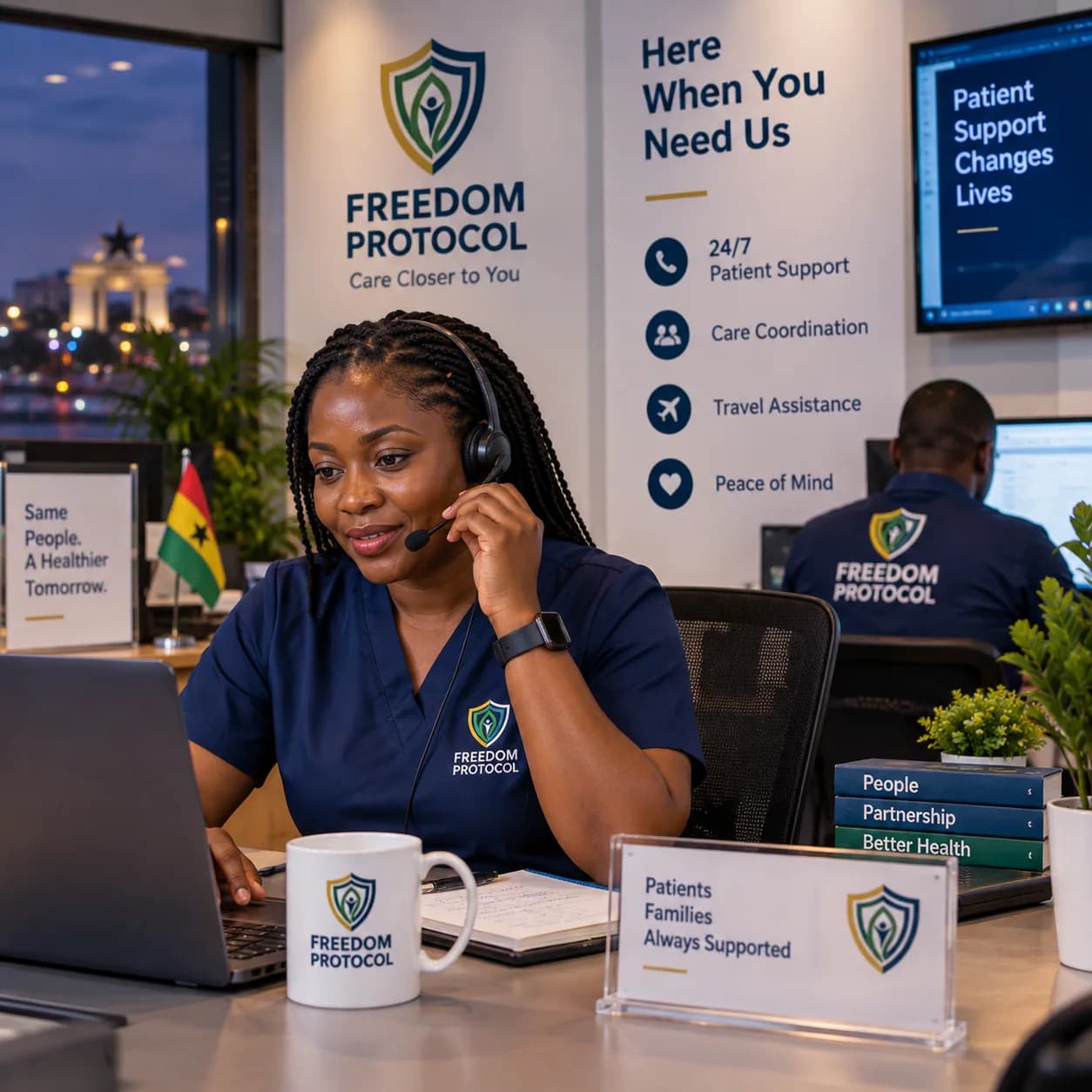 A Freedom Protocol support agent wearing a headset, answering a patient call at a support desk