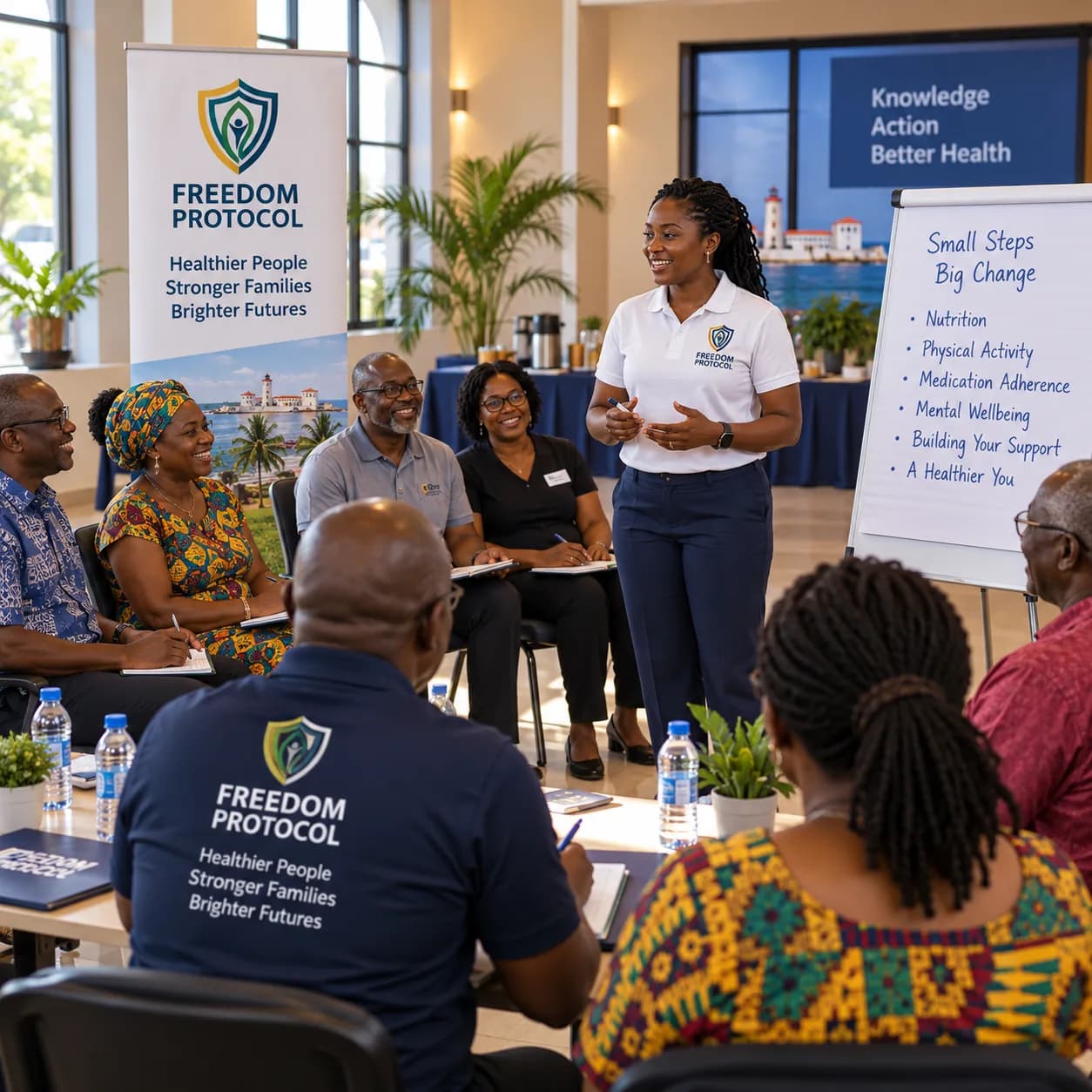 A Freedom Protocol facilitator leading an in-person group health session, with a flip chart of health topics