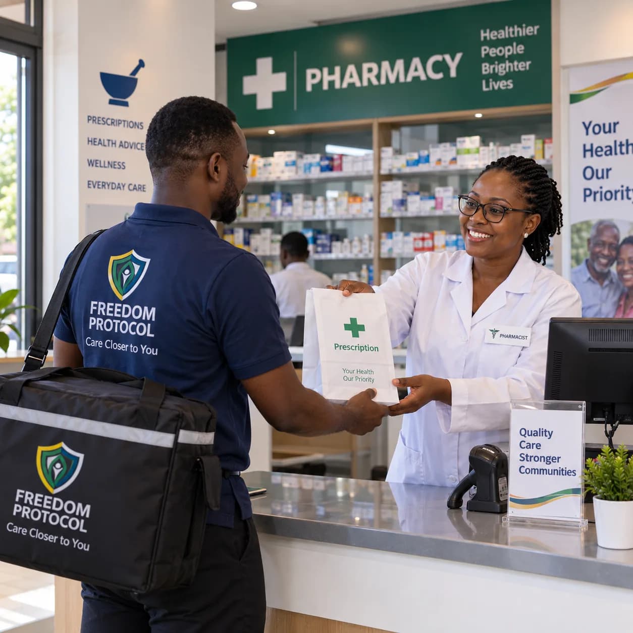 A Freedom Protocol courier collecting a prescription from a pharmacist at a partner pharmacy counter