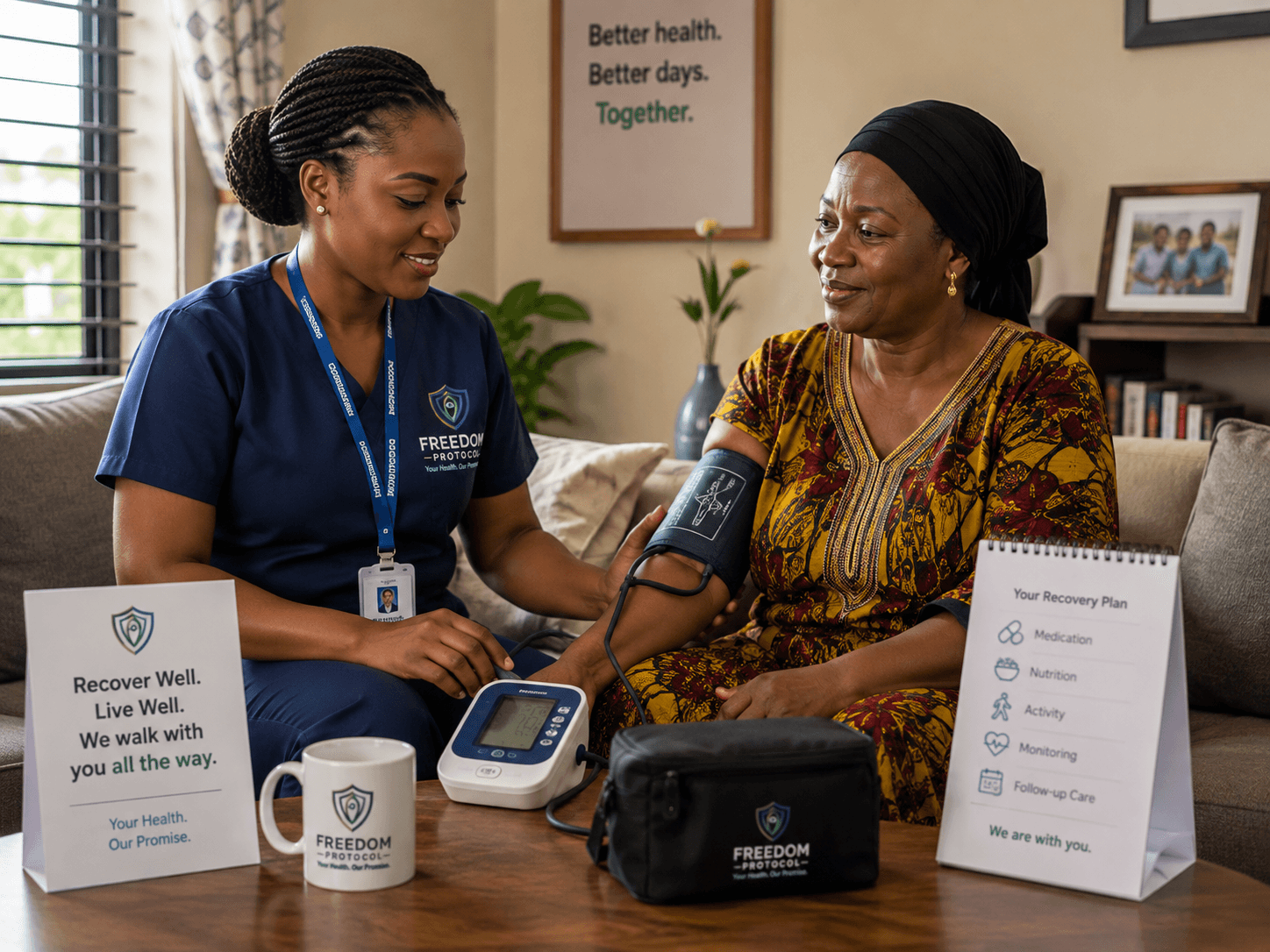 A nurse checking a member's blood pressure at home